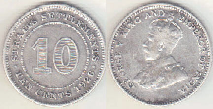 1926 Straits Settlements silver 10 Cents A003448